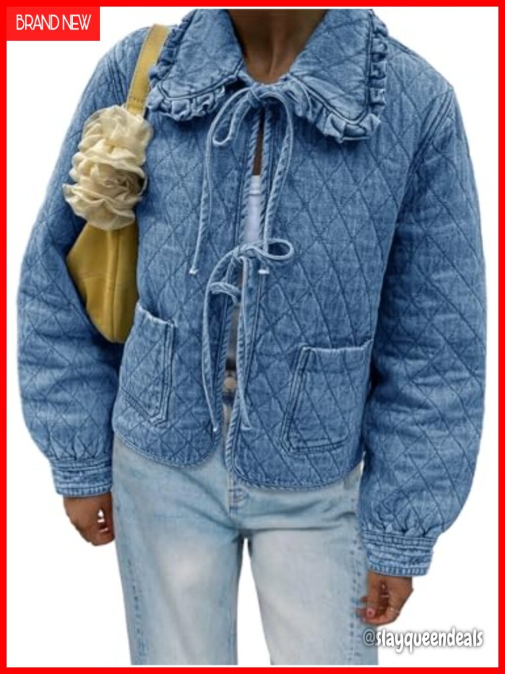 Quilted Denim Puffer Jacket Tie Front Collar Cotton Blend Winter Coat